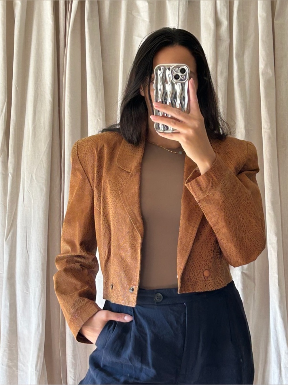 Vintage Danier Camel Leather Croco Crop Blazer